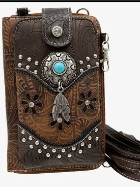 Brown Tooled Leather Wristlet Clutch with Turquoise Accent